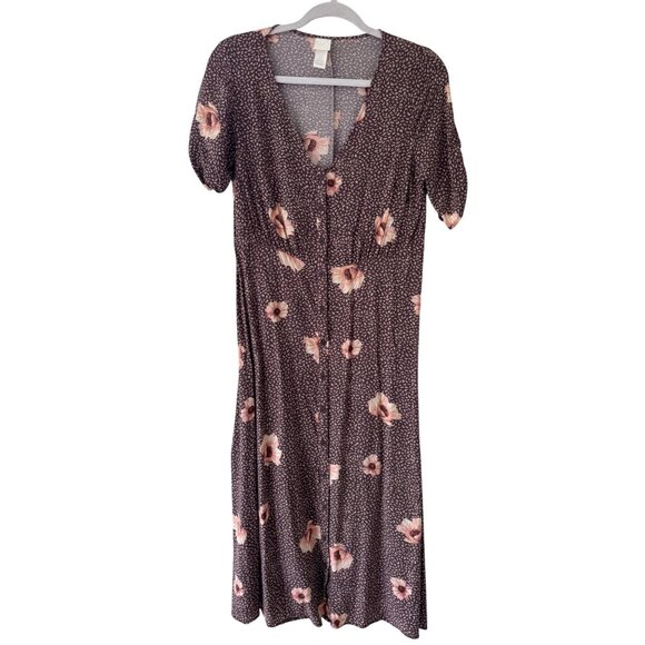 H&M Womens Floral V-Neck Midi Dress Size 6 Brown & Pink Rayon Lightweight - Picture 2 of 15